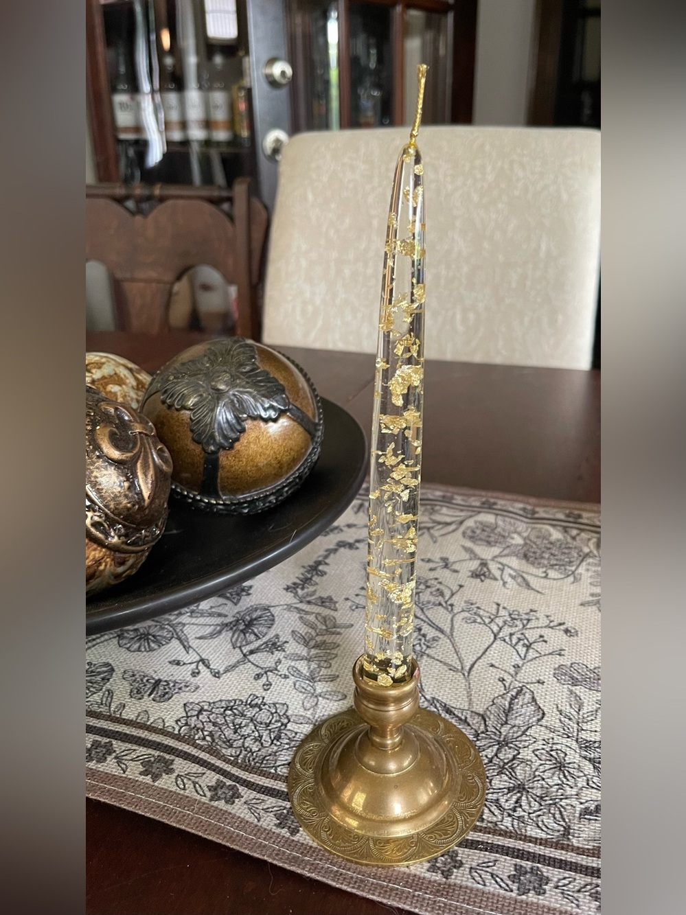 Vintage MCM Lucite 9” Tapered Candle Clear Gold Flecks Foil (No Burn)